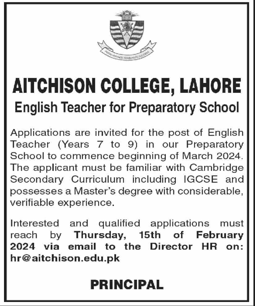 Aitchison College Lahore English Teacher Jobs for Preparatory School