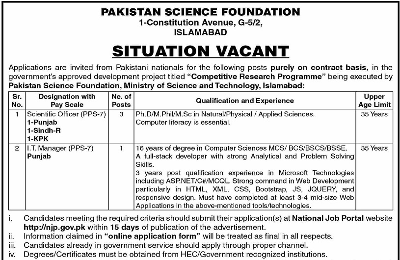 Pakistan Science Foundation Jobs 2022 Scientific Officers IT Managers