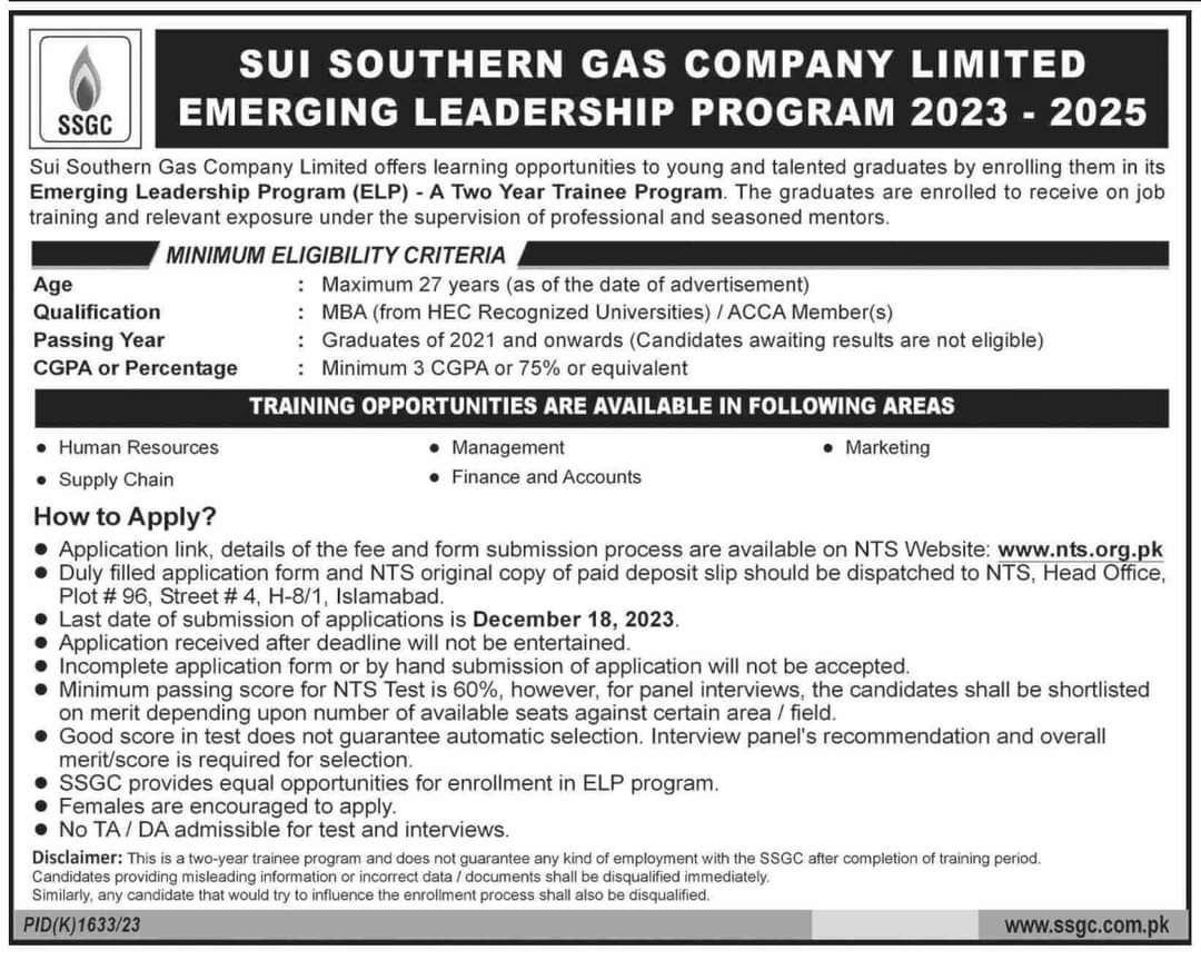 Sui Southern Gas Company (SSGC) Emerging Leadership Program 2023-2025 Advertisement