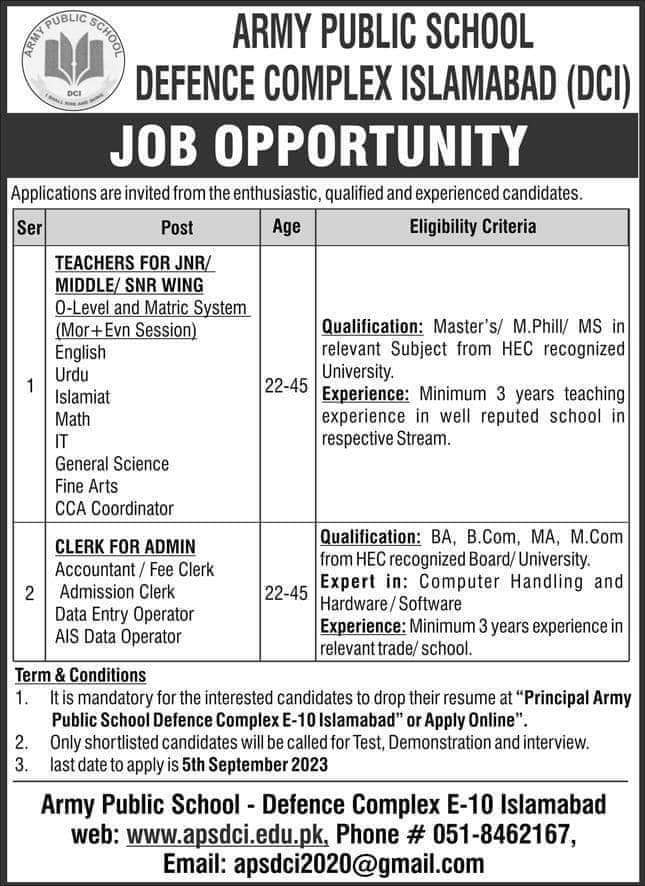 Teaching and Non-Teaching Staff Jobs at Army Public School Defence Complex
