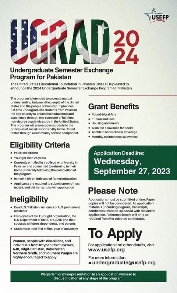 UGRAD 2024 Undergraduate Semester Exchange Program for Pakistan