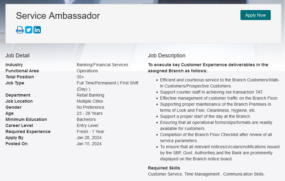 Faysal Bank Jobs 2024 for Service Ambassadors