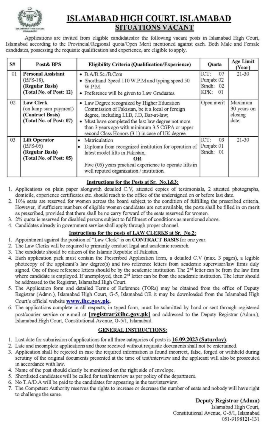 Islamabad High Court Jobs 2023 Hiring for Assistants, Law Clerks and Operators