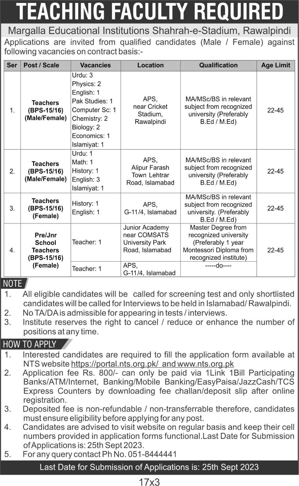 Margalla Educational Institutes Jobs 2023 for Teachers (Males and Females) via NTS