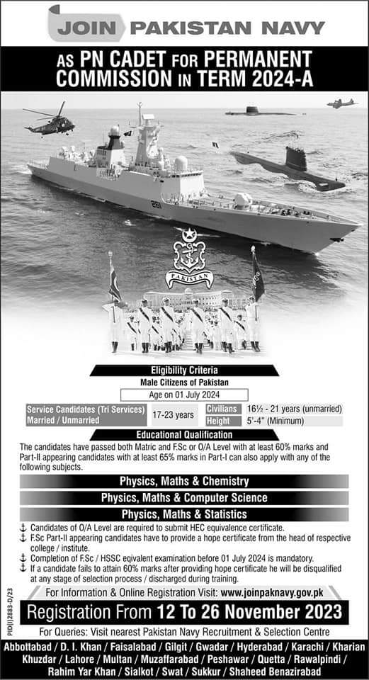 Join Pak Navy as PN CADET Permanent Commission 2024-A