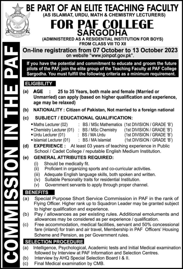 PAF College Lecturer Jobs 2023 Commission in Pakistan Airforce