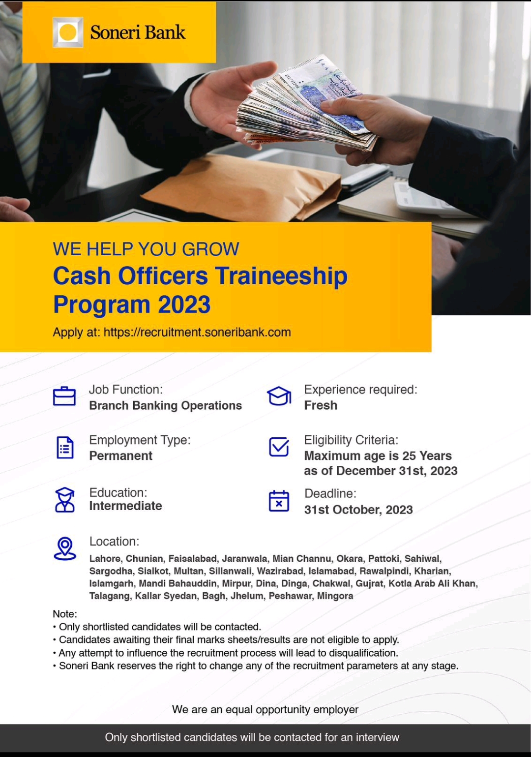 Soneri Bank Cash Officers Traineeship Program 2023 on Intermediate Basis Online Apply