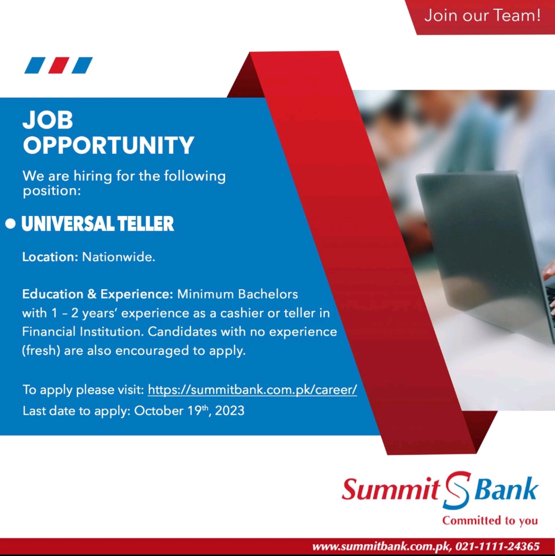 Summit Bank Jobs 2023 for Universal Teller Across Pakistan
