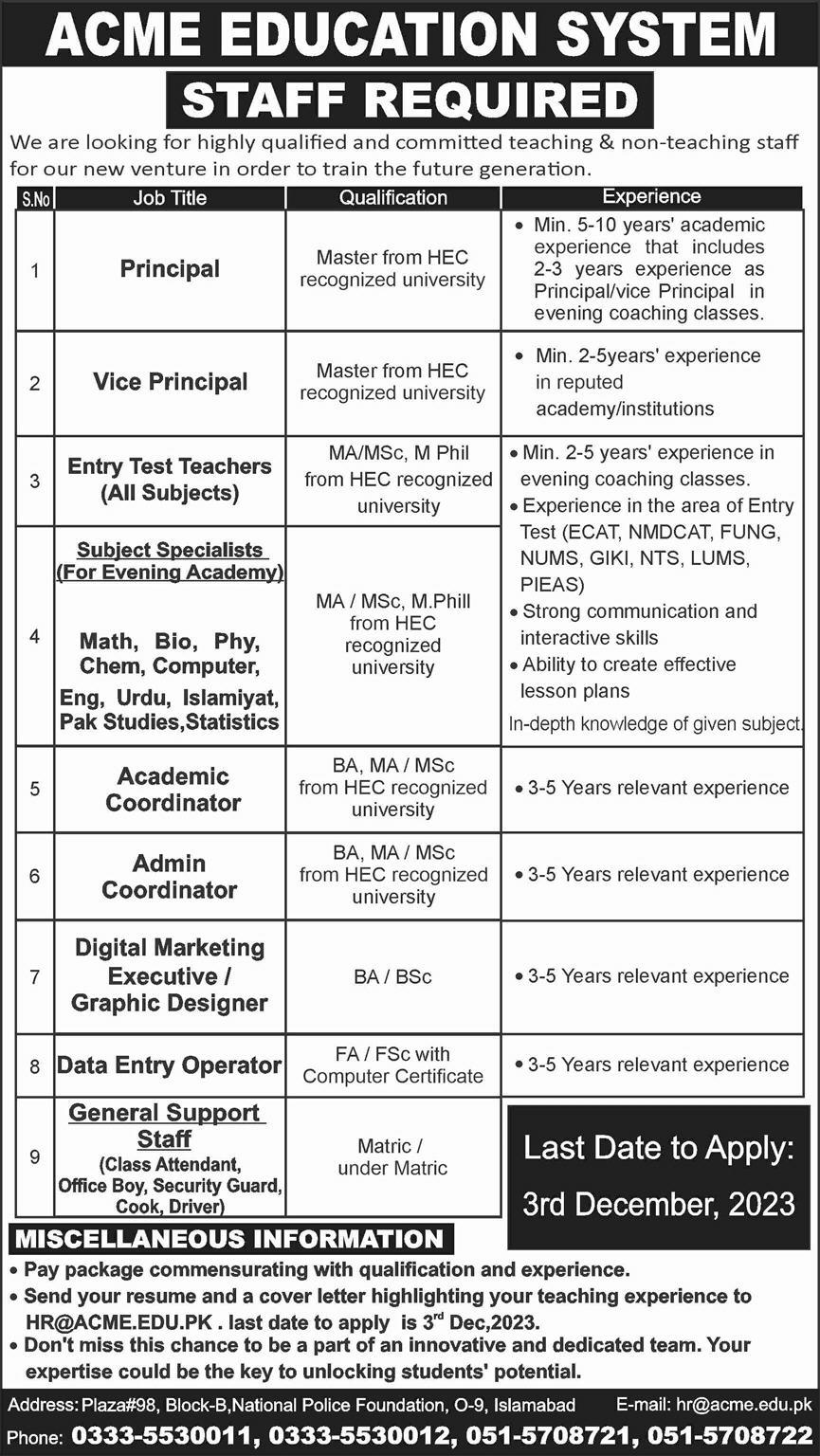 ACME Education System Jobs for Teaching and Non Teaching Staff