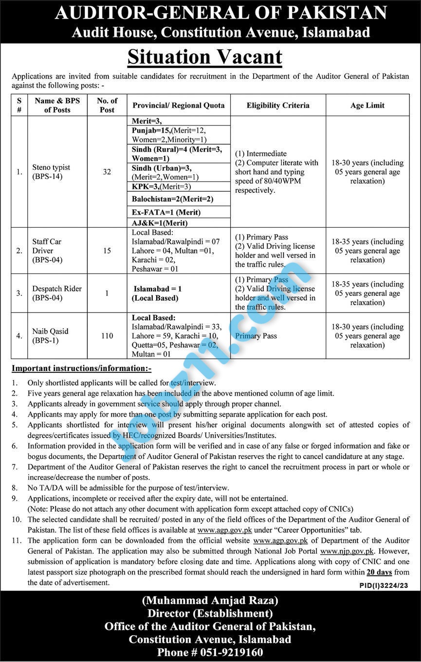 Auditor General of Pakistan Jobs 2024 Online Apply Advertisement