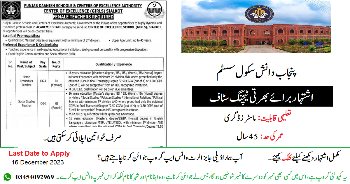 Punjab Danish School Jobs 2024 Latest Advertisement