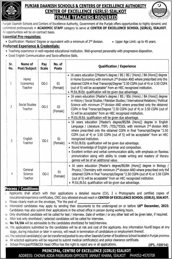 Punjab Danish School Jobs 2024 for Sialkot Advertisement