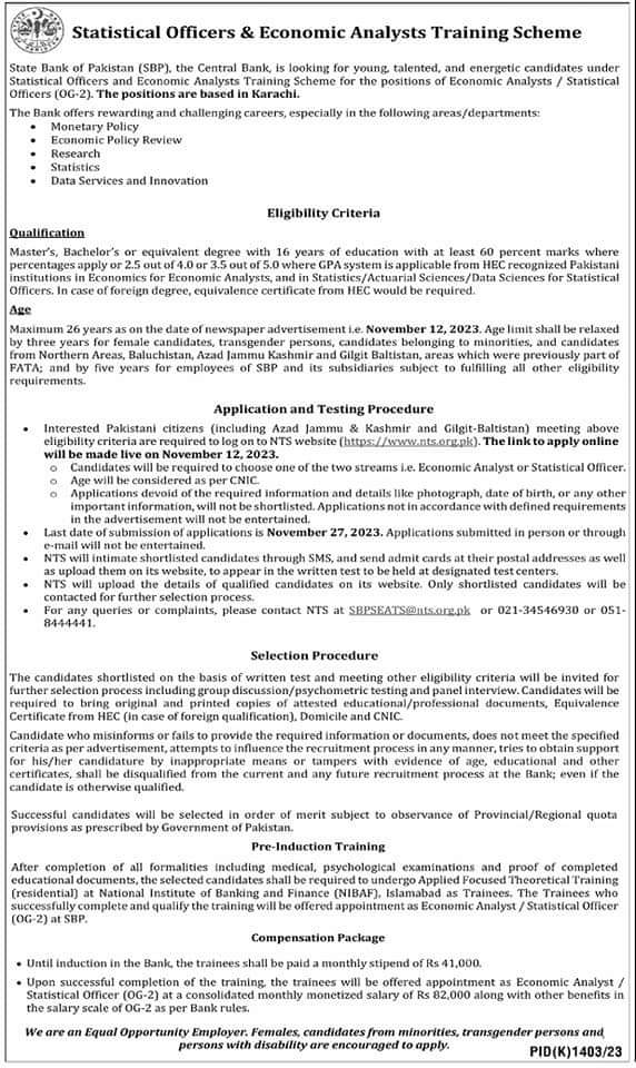 SBP Statistical and Economic Analysts Training Scheme 2023 Advertisement Online Apply via NTS