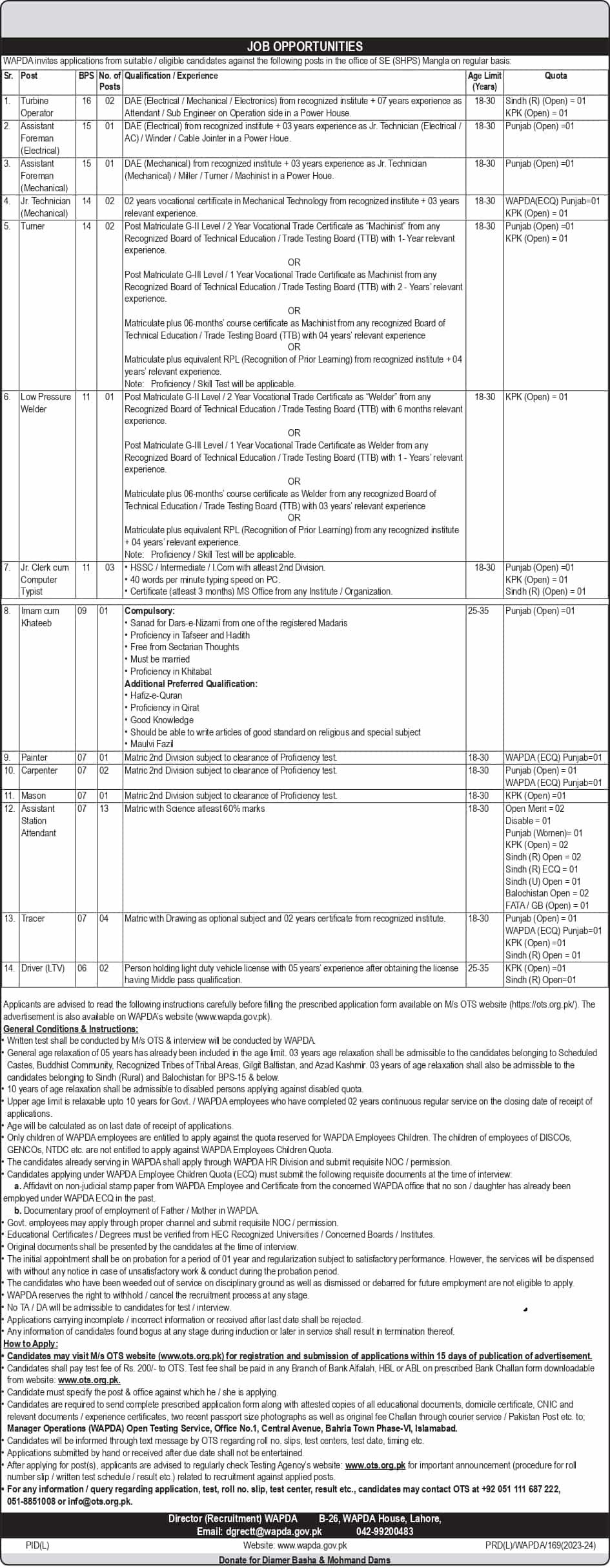 WAPDA Jobs 2024 via OTS Online Apply Latest Advertisement