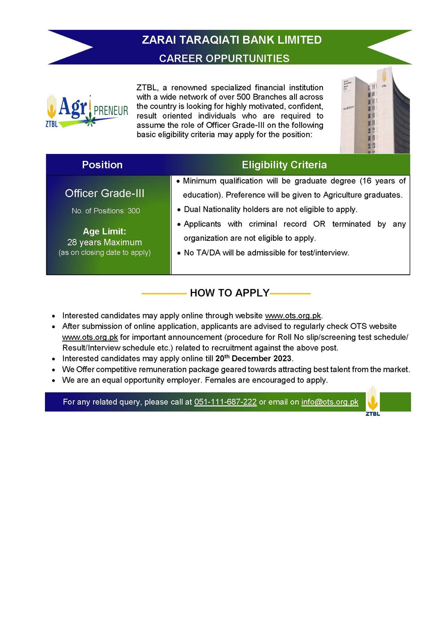 ZTBL Jobs 2024 for Officers Grade III via OTS Online Apply Advertisement