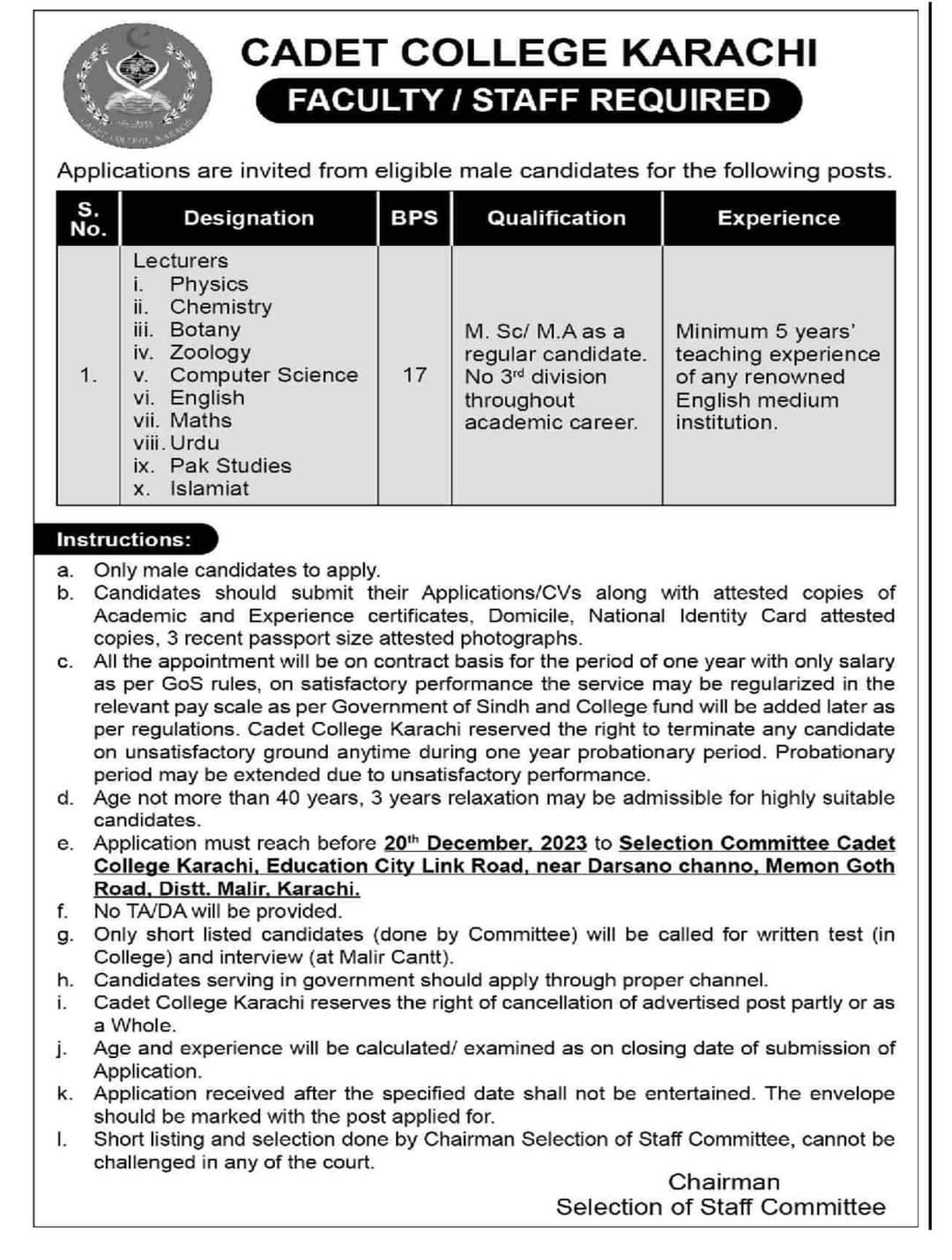 Cadet College Karachi Jobs for Lecturers Latest Advertisement