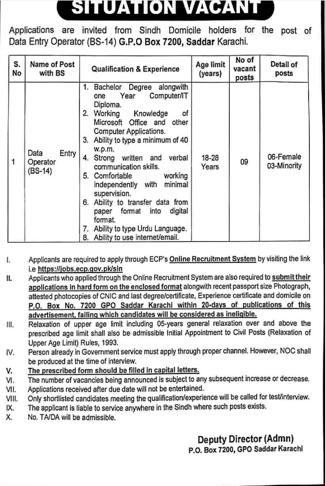 Election Commission Sindh Jobs for Data Entry Operators