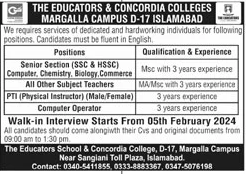 Concordia College Islamabad Jobs 2024