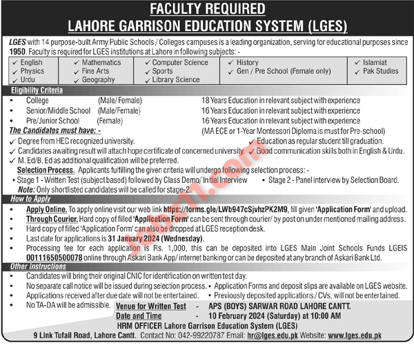 Lahore Garrison Education System Jobs 2024 for Teaching Staff All Subjects