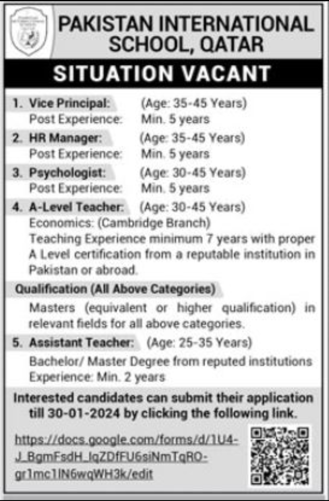 Pakistan International School Doha Qatar Jobs Advertisement and Online
