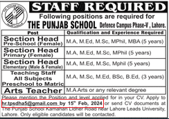 The Punjab School Jobs 2024 for at Defence Campus Lahore
