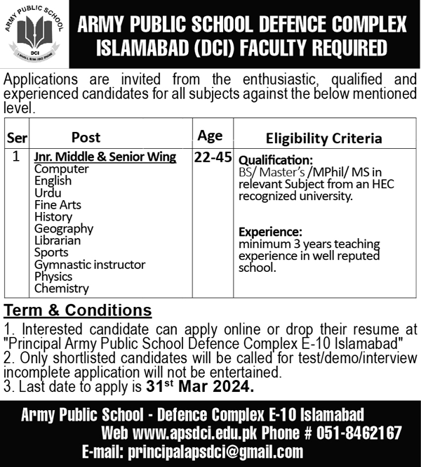 Army Public School Defence Complex Teaching Faculty Jobs 2024 for Junior and Senior Wing